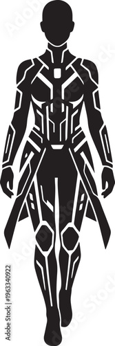Futuristic cyborg woman silhouette in high-tech armor suit vector