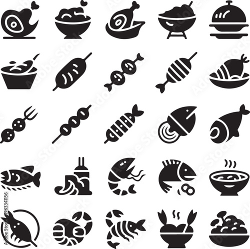 Black and white seafood icons with various dishes and foods on white background