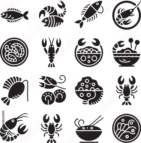 Black and white seafood icons including fish and shrimp  various dishes and animals