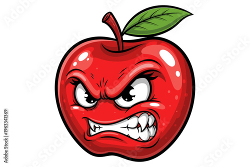 Angry cartoon apple with aggressive facial expression.