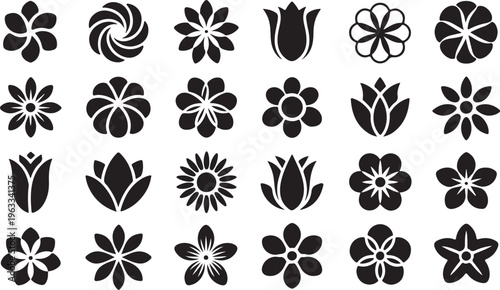 Collection of various flower and plant icons in black on white background