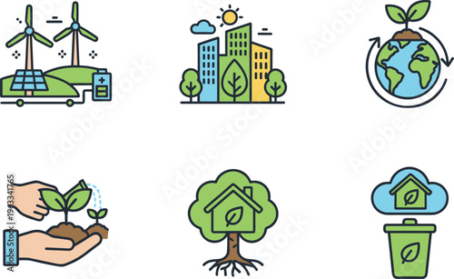 Environmental sustainability and urban development vector icon set featuring renewable energy green cities and ecological growth symbols.