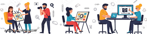 Creative Team Collaboration and Digital Content Creation Illustration Set Featuring Designers, Photographers, Video Editing, and Office Workflows in Modern Flat Style