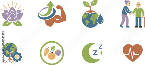 Longevity wellness and holistic health vector icon collection featuring mindfulness meditation vitality and elder care symbols.