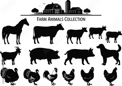 Farm Animal Silhouette Collection Featuring Horse Cow Pig Goat Dog Turkey Rooster And Chicken With Barn Landscape For Rural Agriculture Design