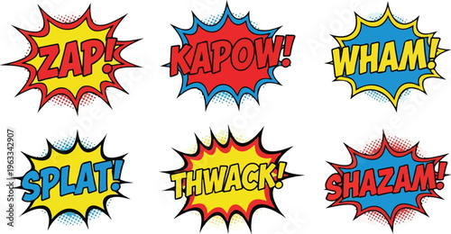 Colorful comic book explosion sound effects.