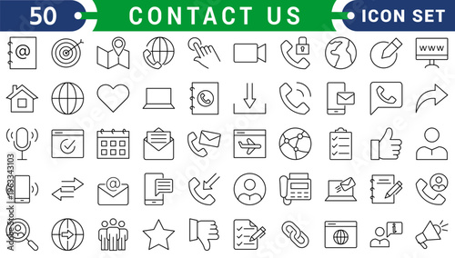 Contact Us icons in line style. Web and mobile icon. Chat, point, chat, support, message, phone, globe, call, info collection. Editable stroke. Vector illustration.
