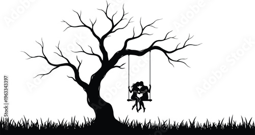 Canvas-taulu Romantic silhouette of a couple kissing on a swing under a tree.