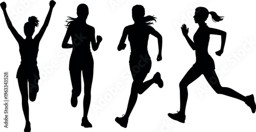 Black running woman silhouette vector set featuring female athletes sprinting, jogging, and celebrating victory for marathon sports and healthy active lifestyle graphic design.