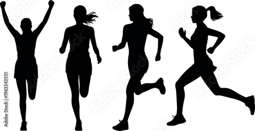 Black running woman silhouette vector set with female athletes jogging, sprinting towards finish line, and celebrating victory for marathon sports and healthy active lifestyle design.