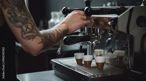 Tattooed person operating espresso machine making coffee in cups