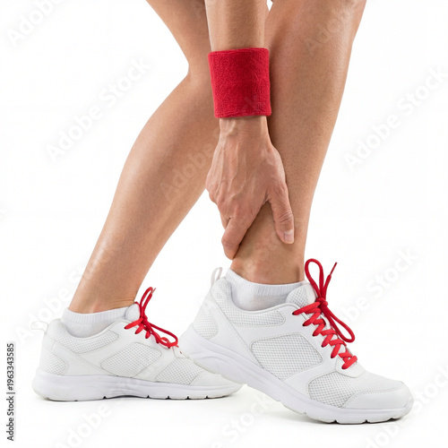 Close-up of a person gripping their aching ankle after exercise wearing white athletic shoes, isolated on transparent background