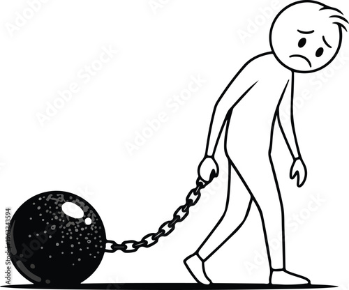 Sad man dragging heavy iron ball and chain representing burden and stress.