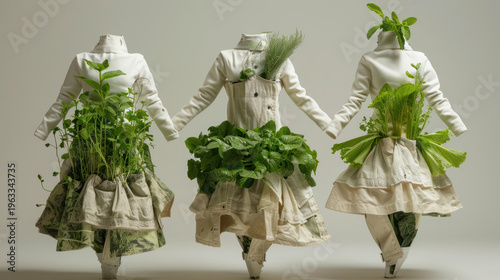 Three headless mannequins with plants in sustainable eco-fashion clothing