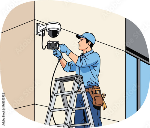 Technician installing security camera on building wall.
