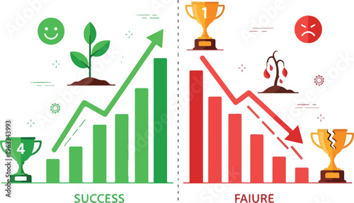 Success vs Failure Business Growth Comparison with Charts and Trophies