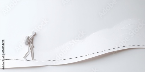 Minimalist papercraft figure walks dotted line over white landscape. Simple design, stark contrast, conceptual imagery. Journey represents challenge, progress.