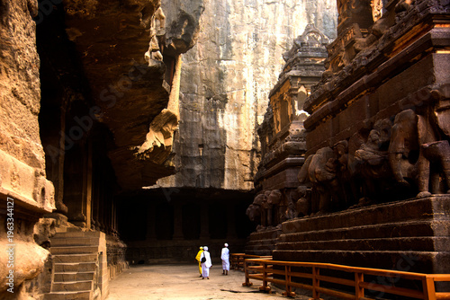 Hindu Sadhu the holy men visiting the Ellora caves, India.