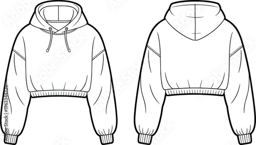 Technical flat sketch of a blank cropped hoodie sweatshirt featuring front and back views for fashion design and apparel manufacturing clothing templates