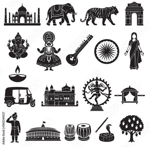 black and white vector silhouette set of india places and things