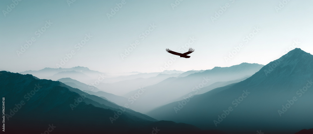 Naklejka premium Eagle soaring high above a misty mountain range