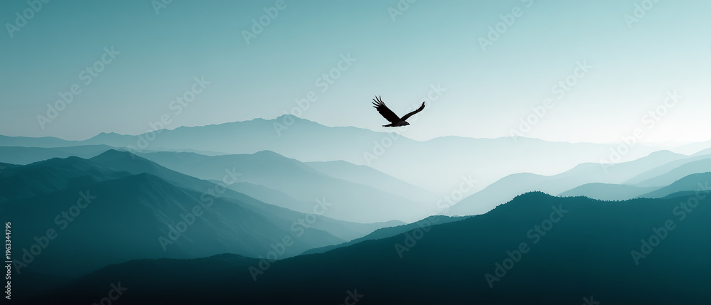 Naklejka premium Eagle soaring high above a misty mountain range