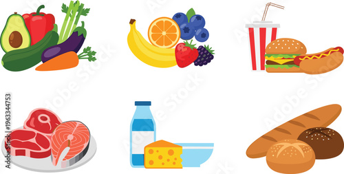 Food Categories Vector Set Featuring Healthy Fruits Vegetables Meat Dairy and Fast Food Items for Nutrition Diet Planning and Grocery Design Illustration
