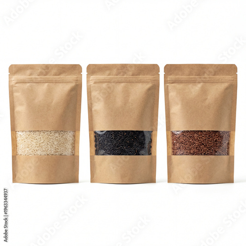 Three kraft paper stand-up pouches with clear windows displaying various types of rice grains product, isolated on transparent background