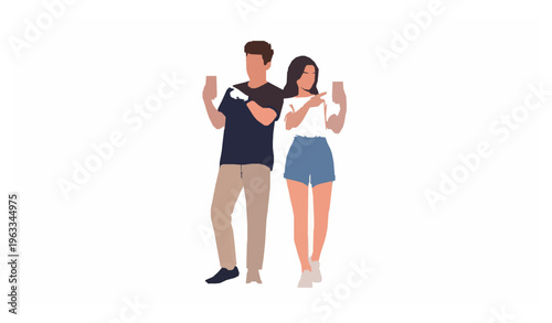 Young Millennial Man and Woman Posing for Selfie Holding Smartphone Trendy Casual Fashion Vector Illustration Isolated on White