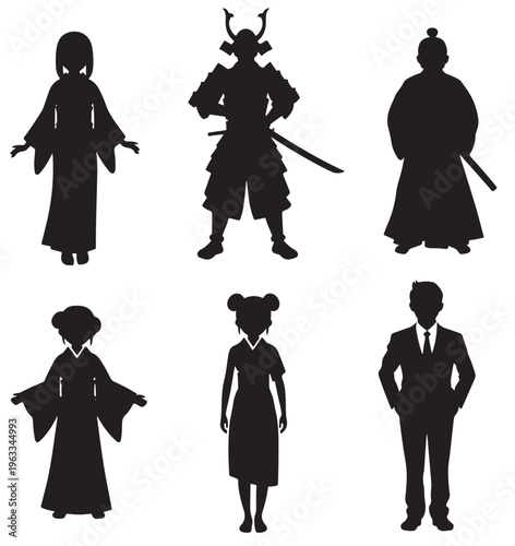 black and white vector silhouette set of japanese people 