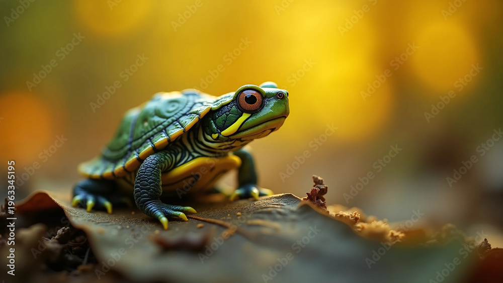 Obraz premium Cute Little Green Turtle on Forest Floor Leaf with Golden Bokeh Sunlight Background