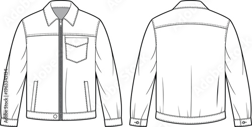 Technical flat sketch of a blank zip up workwear jacket featuring front and back views for fashion design and apparel manufacturing templates