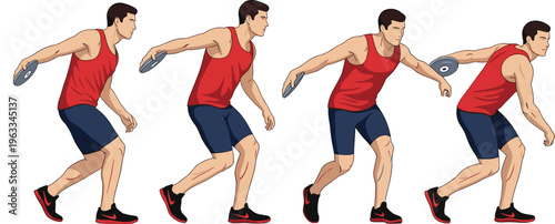 Athlete Discus Throw Vector Sequence Featuring Male Sportsman Performing Throwing Motion Steps for Track and Field Training Animation and Fitness Illustration Design