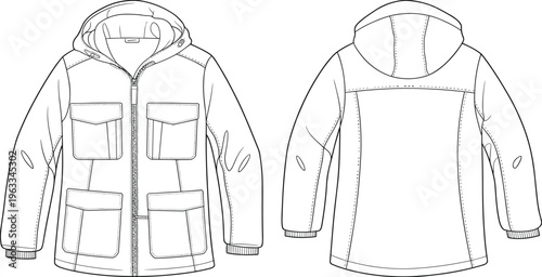 Technical flat sketch of a hooded winter jacket with pockets featuring front and back views for fashion design and apparel manufacturing templates
