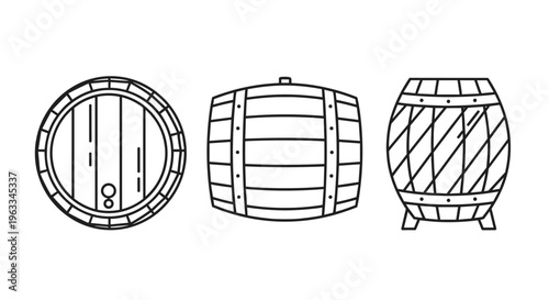 Wooden barrel line icon set with oak wine keg and beer storage container symbols in vintage style