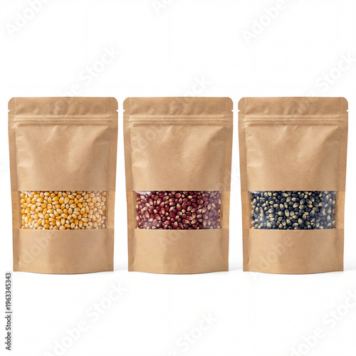 A row of three kraft paper stand up pouches with clear windows displaying different colored popcorn kernels, isolated on transparent background