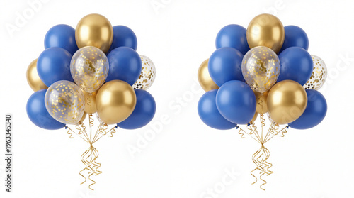 Two decorative bouquets of shiny blue gold and clear confetti balloons adorned with curled ribbons, isolated on transparent background