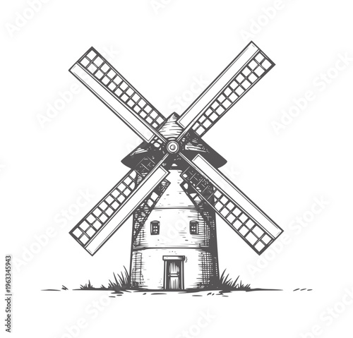Black and white etching style of a traditional windmill with four sails blades