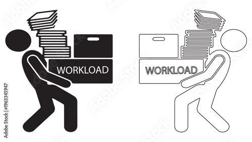 Overworked stick figure carrying heavy boxes and documents with workload text. Concept of professional burnout and workplace pressure.