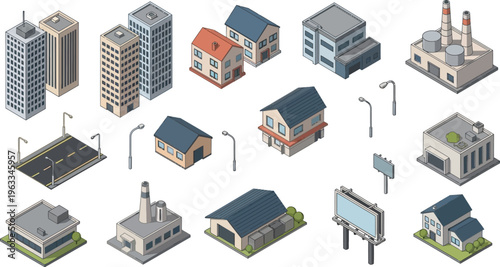 A collection of isometric illustrations featuring various urban elements including skyscrapers, houses, factories, and street furniture on a white background