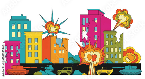 Illustration of destroyed buildings with explosions and military vehicles