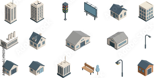 Isometric vector illustration set featuring various city buildings, houses, factories, and street furniture on a white background.
