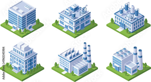 Isometric set of industrial and commercial buildings, including factories, office blocks, and chemical plants, isolated on white background