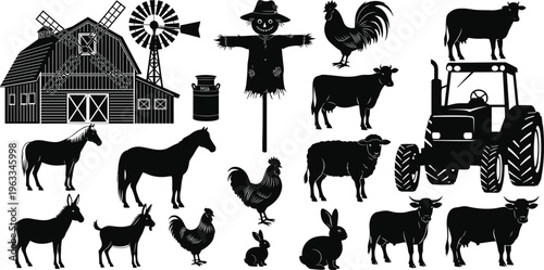 Vector Silhouette Collection Featuring Wild and Domestic Animals Including Lion Elephant Bear Horse Eagle Bull Pig Dog and Cat flavector