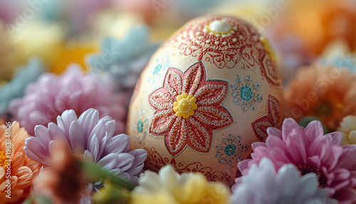 Basket of colorful decorative eggs with flowers around in spring style.