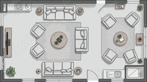 Top-down floor plan illustration of a modern open-plan living room and kitchen area with multiple seating arrangements
