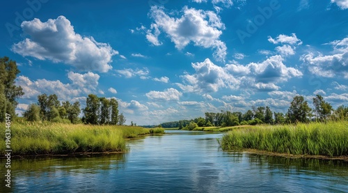 Beautiful summer landscape background with blue sky, green grass, winding river, and sunlight shimmering on water. Idyllic nature scene perfect for outdoor themes, travel posters, seasonal campaigns, 