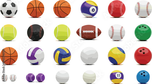 Sports Ball Vector Set Featuring Soccer Basketball Volleyball Baseball Tennis Bowling and More Game Equipment Icons for Fitness Training and Recreation Design