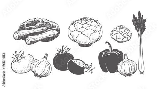 Black and white line of various fresh vegetables grouped together artichokes leeks