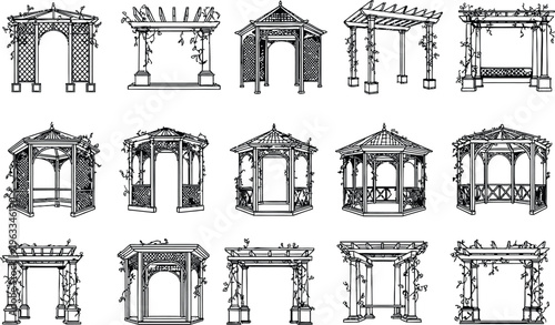 A comprehensive collection of detailed black and white line art sketches featuring various garden structures, including gazebos, pergolas, and arbors.